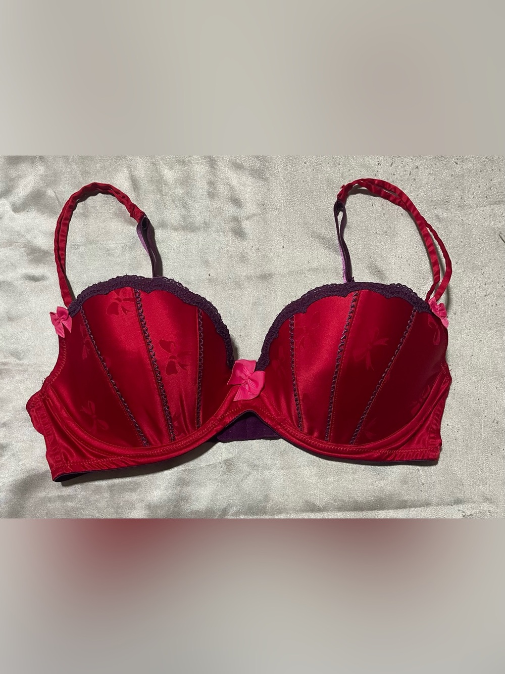 Satin Lace-Trim Underwire Bra in Red with Pink Accents